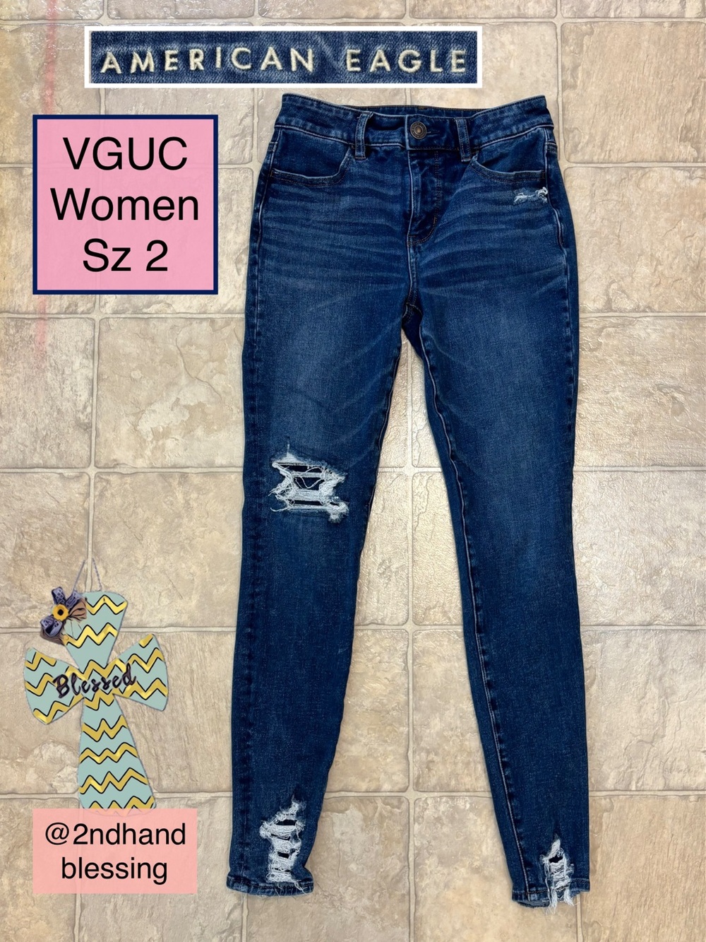 American Eagle The Dream Jean Hi-Rise Jegging Women Sz 2, Dark Wash Distressed